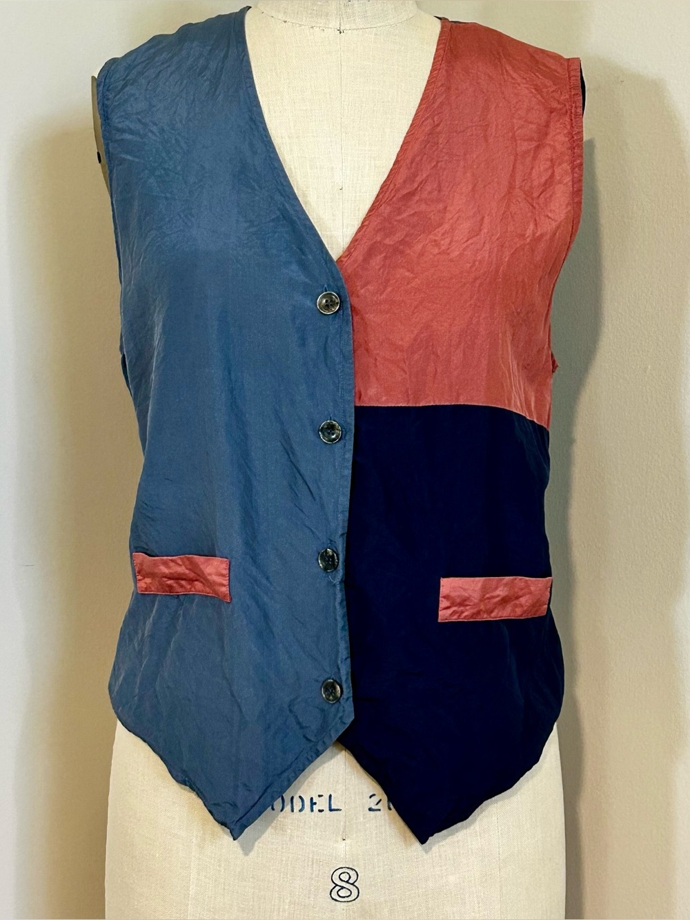 VTG 90s Jonathan Martin Vest 100% Silk Navy Blue Pink Colorblock Sz L